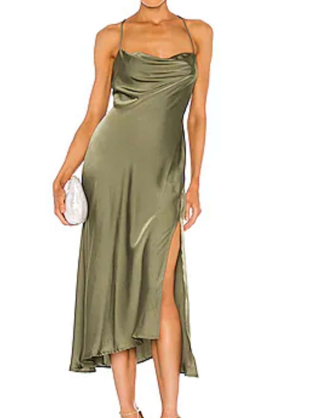 Astr Olive Green Satin Slip Dress with Side Slit